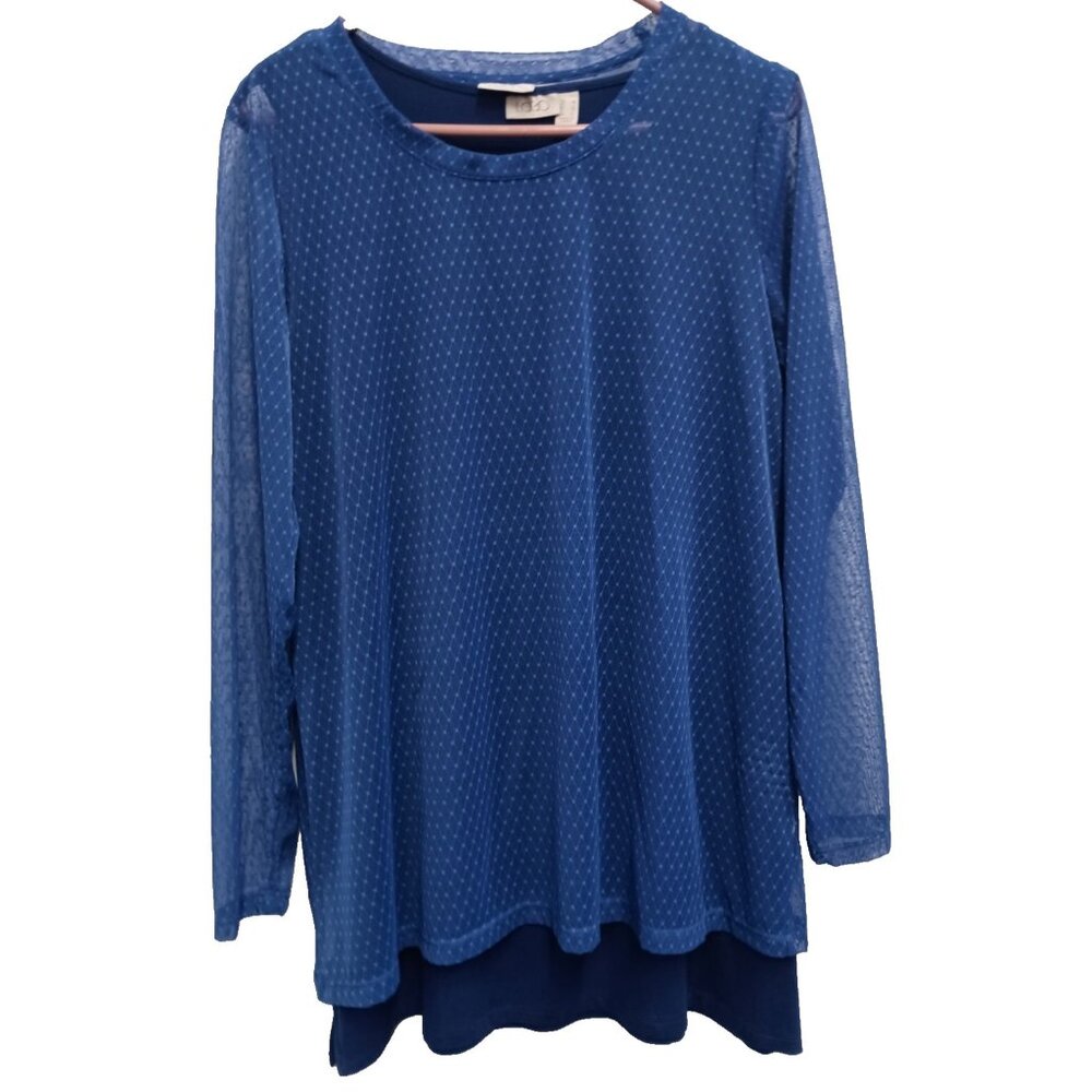LOGO Lori Goldstein Womens Lagenlook Tunic Top Medium Blue Mesh Layered Casual